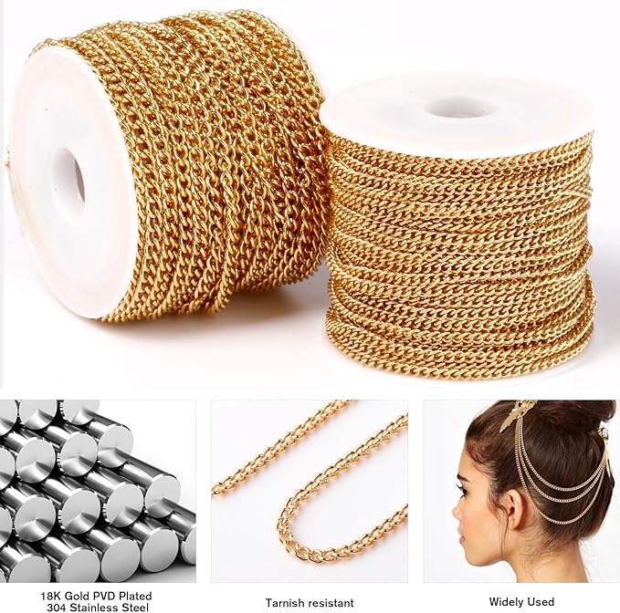 33 Feet 18K Gold PVD Plated Stainless Steel Curb Chain Bulk, 2mm 304 Stainless Steel Flat Twisted Link Chains Roll Spool for Jewelry Making Necklace DIY Craft