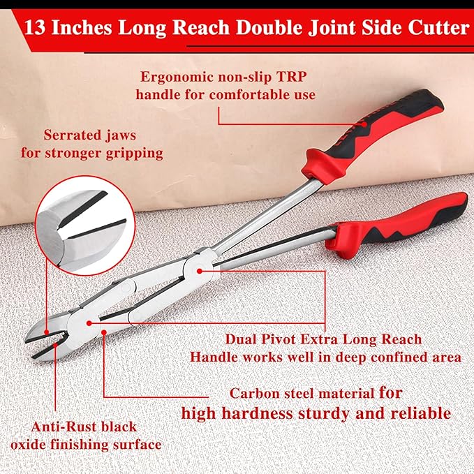 Long Reach XL Dual Pivot Wire Cutting Pliers Double-Joint Side Cutters Extra Long Reach Compound Action Cutting Pliers Diagonal Cutters for Hard to Reach Narrow Spaces