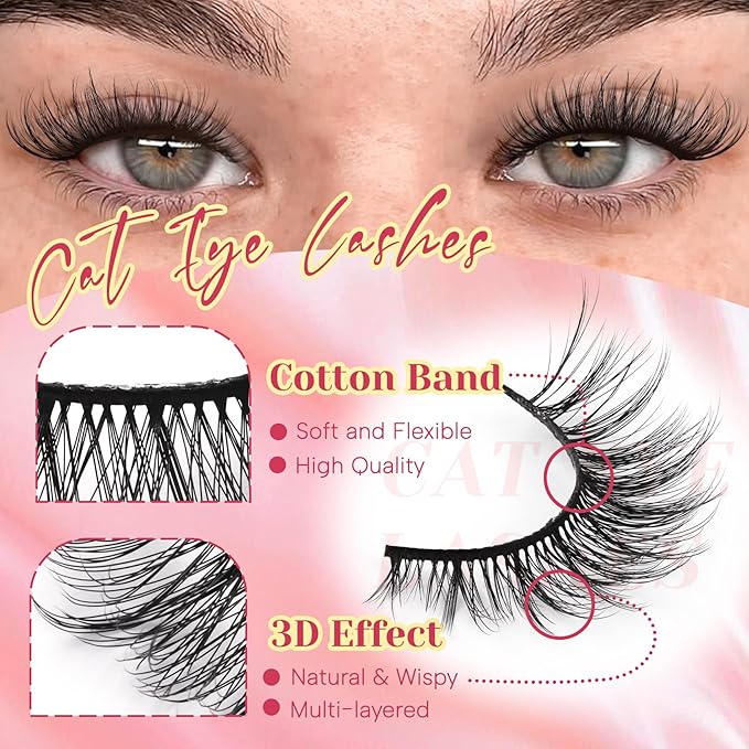Ahrikiss Lashes Wispy False Eyelashes Natural Look Cat Eye Lashes 8 Pairs Faux Mink Lashes Lightweight Eyelashes Kit with Lash Glue and Lash Tweezers Soft Fake Lashes (Ethereal)