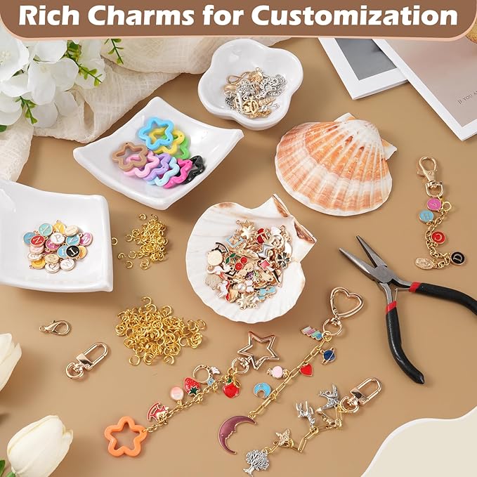 428Pcs Charms Lip Gloss Keychain Making Kit, DIY Bag Charm Kit with 25 Keychain Clips 25 Extender Chain 140 Charms Jewelry Plier & Beading Accessories, Jewelry Making Kit for Custom Keychains Gifts