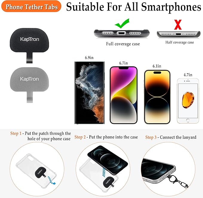 Kaptron 2Pcs Cell Phone Lanyard: Universal Adjustable Crossbody Phone Strap and Wrist Strap, with 2 Lobster Clips and 2 Tether Patches, Compatible with Most iPhone and Android Smartphones (Black)