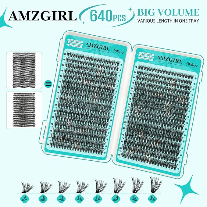 Lash Clusters Kit 640Pcs, 40D+50D Eyelash Extension Kit, Lash Bond and Seal Waterproof, Lash Remover, Lash Applicator Tool and Function Brush for DIY Eyelash Cluster Kit(D-Mix9-16mm Kit)
