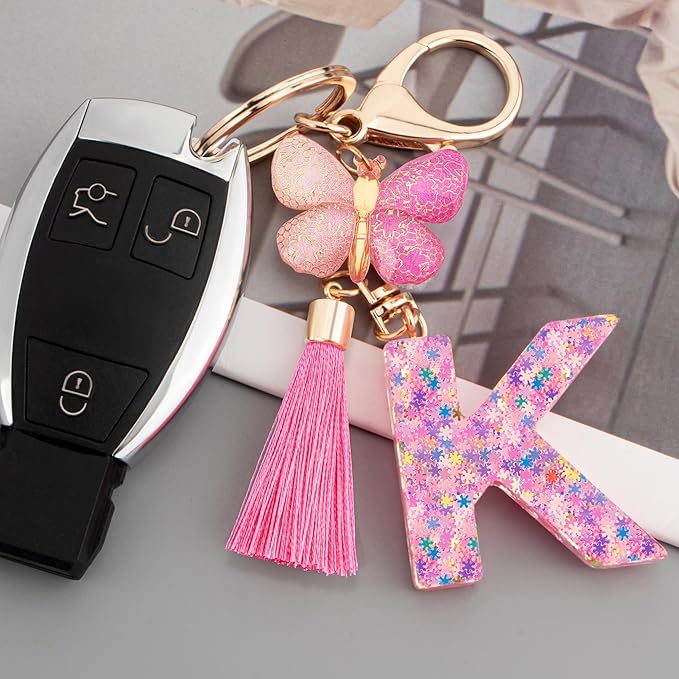 Suweibuke Cute Pink Key Chains for Women Girls, Initial Letter Keychains with Tassel, Charms for Key Purse Handbags Backpacks
