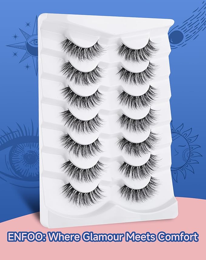 ENFOO Lashes Volume False Eyelashes Wispy Natural Look Everyday Flared Strip EyeLash Fluffy Lash Long Soft Round-Eye Pack 16MM 7 Pairs D89