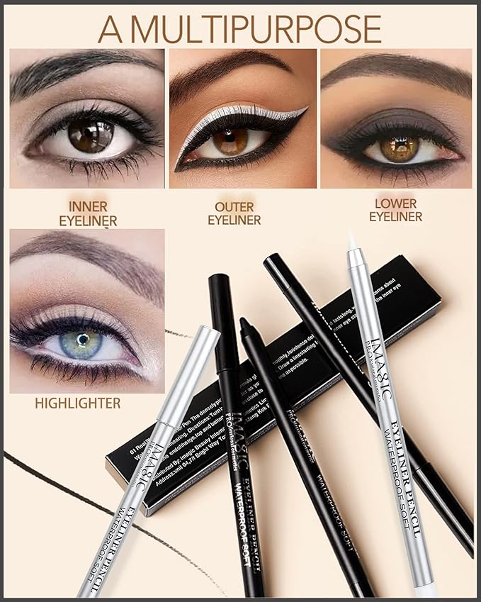 Black & White eye liners Gel pencil for women, White Highlighter Eye Liner Pencil,Matte waterproof Long Lasting Smooth formula Eye Liner Eyeshadow Makeup Pencil, with Sharpener,Gift Set for Women