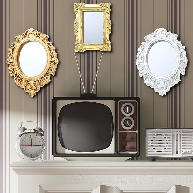 5 Pieces Miniature Dollhouse Mirror European Frame Mirror Dollhouse Victorian Baroque Wall Decor Miniature Bedroom Mini Furniture Accessory for 1/12 Dollhouse Decor, Gold and Silver