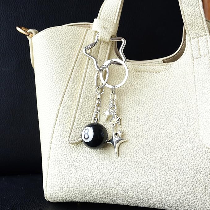 8 Ball Keychain Silver Star Key Chain Bottle Opener Dice Cute Bag Charm Decor for Handbag Backpack Gift for Him Her