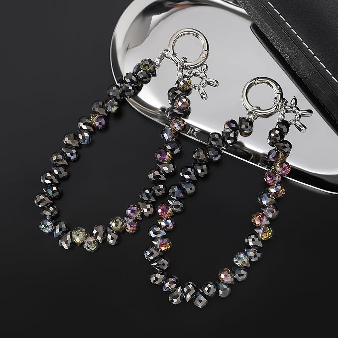 2pcs Crystal Phone Wrist Strap Phone Charm Chain Keychain Beaded Cellphone Lanyard with Tether Tab Hands-Free Wristlet Bracelet Wrist Grip Strap for Women, D-Black