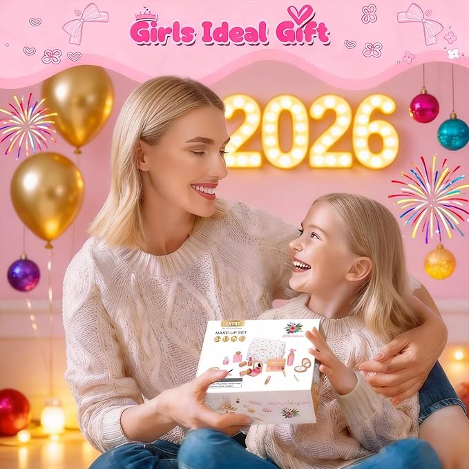 Wooden Makeup Toy Set for Girls - Pretend Play Makeup Kit for Toddlers 3-5 with Eyeshadow/ Mascara/ Perfume/ Blush/ Mirror/ Bag, Birthday Gifts for Girls Toys Kids Aged 3 4 5 6 7 8