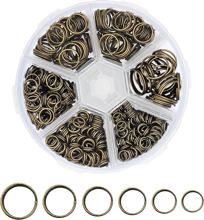 Mandala Crafts Assorted Antique Brass Double Jump Rings for Jewelry Making - 540 Pcs Mini Split Key Rings Set for Crafts, DIY Keychains, and Accessories