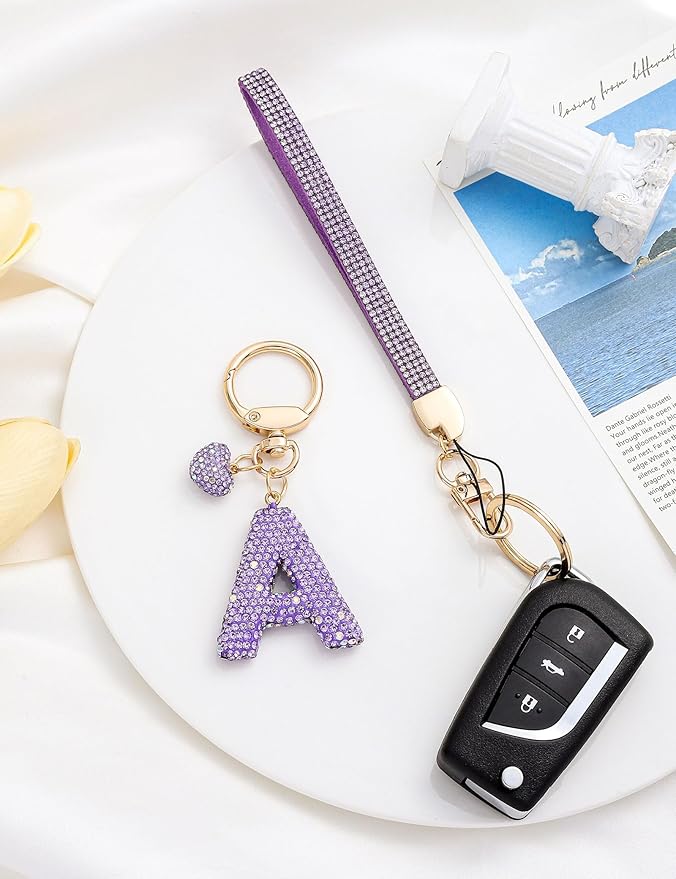 Initial Keychain for Women Girls,Bling Letter Key chain Initial with Heart,Pink Keychain Charms for Backpack Handbag