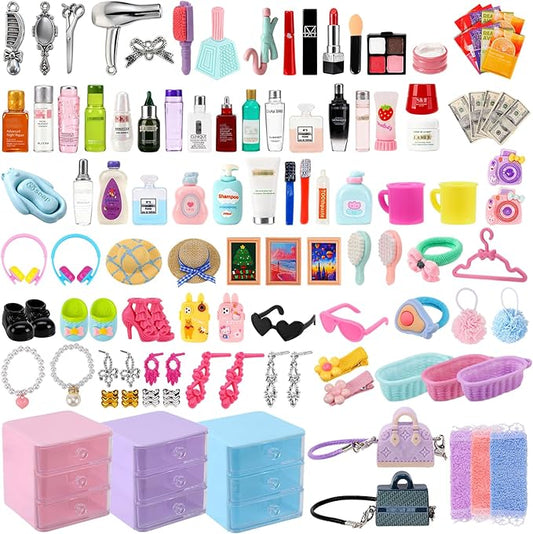 110Pcs Dollhouse Miniature Accessories Mini Bathroom Makeup Jewelry Set with Handbag Shampoo Perfume Hair Dryer Comb Shoes Glasses Money Photo Frame for DIY Doll Backpack Girl Micro Scene Decor