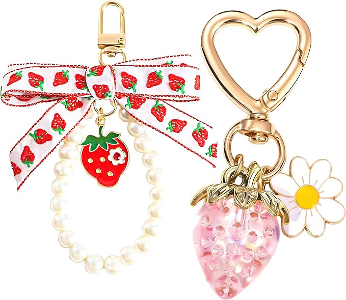 2Pcs Strawberry Keychain Charm Cute Bag Charms Flower Daisy Pearl Bow Keychain Strawberry gift for Women