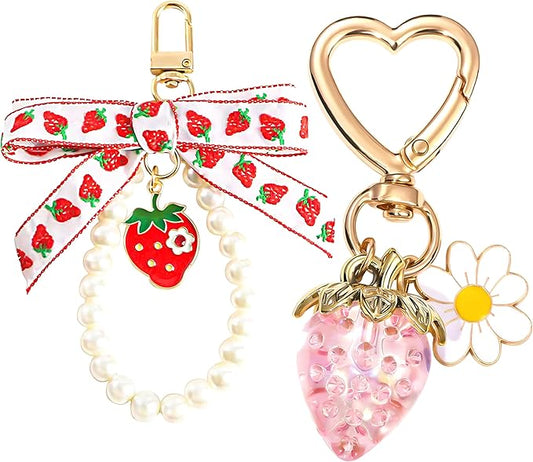 2Pcs Strawberry Keychain Charm Cute Bag Charms Flower Daisy Pearl Bow Keychain Strawberry gift for Women