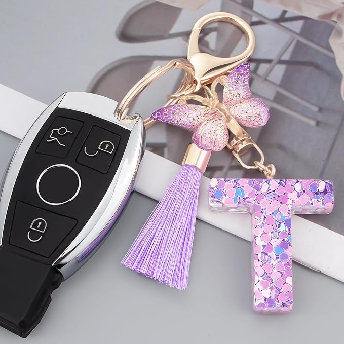 Initial letter Keychains for Women Girls Tassel Butterfly Cute Keychain for Wallet Backpack charm