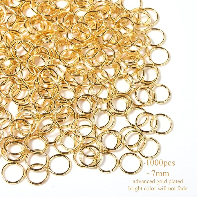 1000 Pcs 7mm Open Jump Rings Gold Plated Jump Rings for Jewelry Making Single Ring Bulk for DIY Craft Earring Necklace Bracelet Pendant Choker Jewelry Making Findings and Key Ring Chain (Gold, 7mm)
