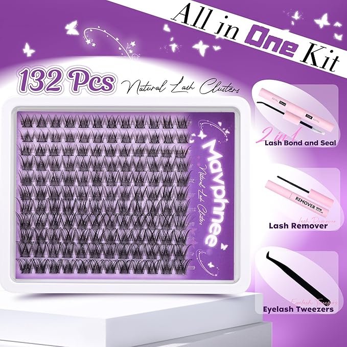 Natural Lash Clusters Kit Wispy Eyelash Clusters CC-Curly Cluster Eyelash Extensions 132 pcs Individual Lash Extensions DIY Lash Extension Kit with Lash Bond and Seal and Remover Lash Kit by Mavphnee