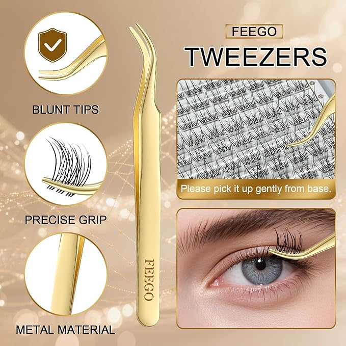 FEEGO Natural Lash Extension Kit 168Pcs Lash Clusters Kit Wispy Eyelash Extensions Individual Lashes Extensions with Bond and Seal Lash Glue and Eyelash Extension Tweezers DIY (9-12 MM)