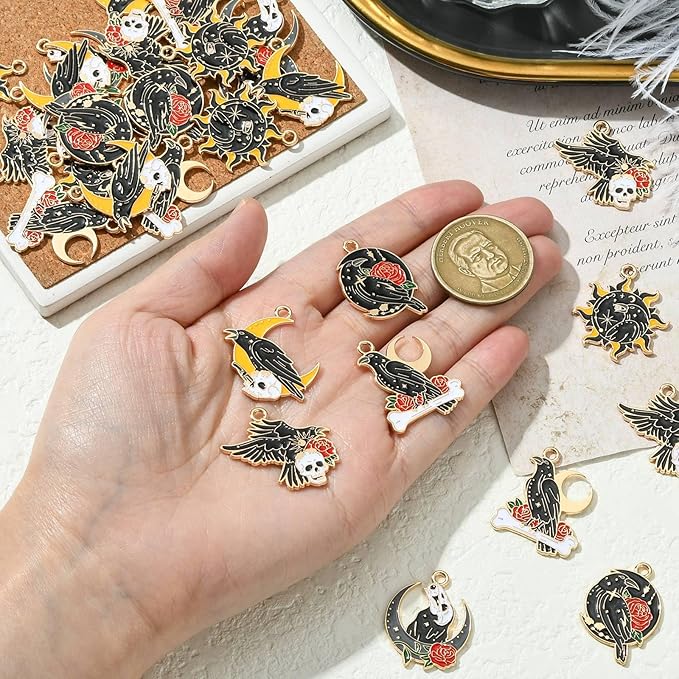 Stiesy 30 Pcs 6 Styles Gothic Black Crow Charms with Skull Sun Moon Enamel Raven with Red Rose Dangle Charm Pendant Bulk for Jewelry Making DIY Bracelet Crafting