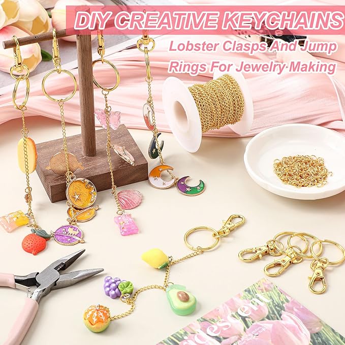 VioraWhite 227 Pcs Christmas Lip Gloss Keychain Making Kit Bulk 24 Keychain Clips with Lobster Claw Clasps 200 Jump Ring Chain Plier Hole Puncher for DIY Lip Gloss Crafts Supplies(Gold)