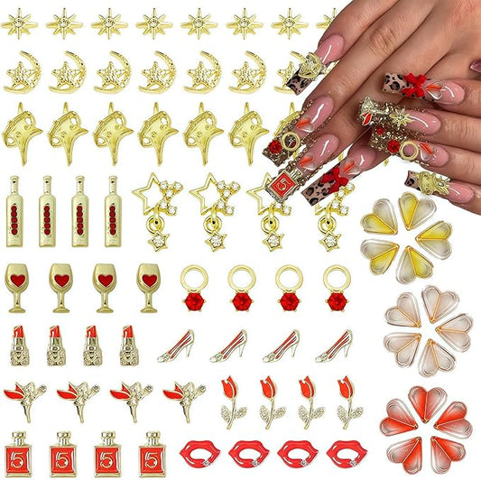 100 Pcs Gold Red Nail Charms Y2K with Lipsticks, Wine Bottles, Wine Cups, Lips, Tulips, Stars, High Heels, Perfume Bottle