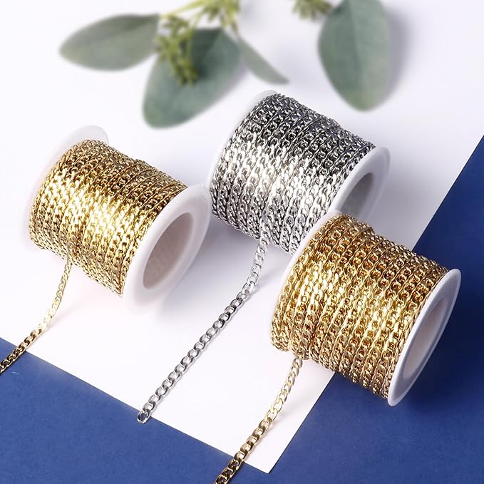 [33FT] 18K Gold PVD Plated Curb Chains for Jewelry Making, 4.5mm Wide 304 Stainless Steel Cuban Link Chain Roll Bulk for DIY Jewelry Making Craft