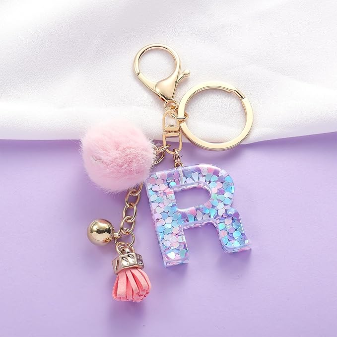 Resin Alphabet Initial Letter Keychain Keyring for Women Purse Handbags With Fur Ball Pom
