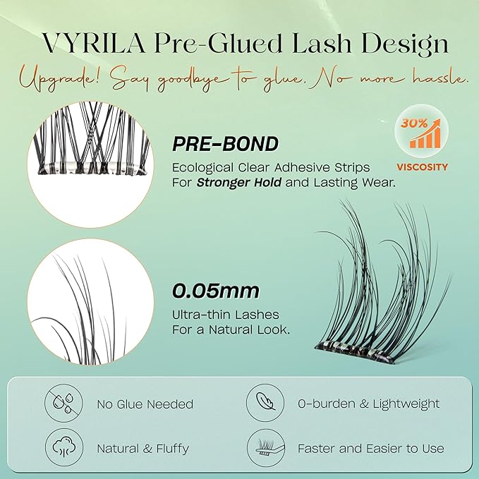 VYRILA Self-Adhesive Lash Cluster, 100pcs Pre-Glued Clusters, Pop-On Faux Eyelashes, 3D Band D Curl Natural Look Lahses, Easy to Apply, Reusable 0.05mm Eyelash Extensions (Green Charm-D-0.05-10-16mix)