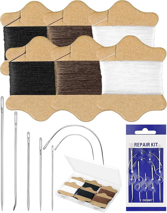 FIVEIZERO Upholstery Repair Sewing Kit, Leather Sewing Kit, 126 Yards Upholstery Thread&7Pcs Heavy Duty Needles, Leather Thread, Curved Needles for Quilting & Hand Stitching (3 Colors)
