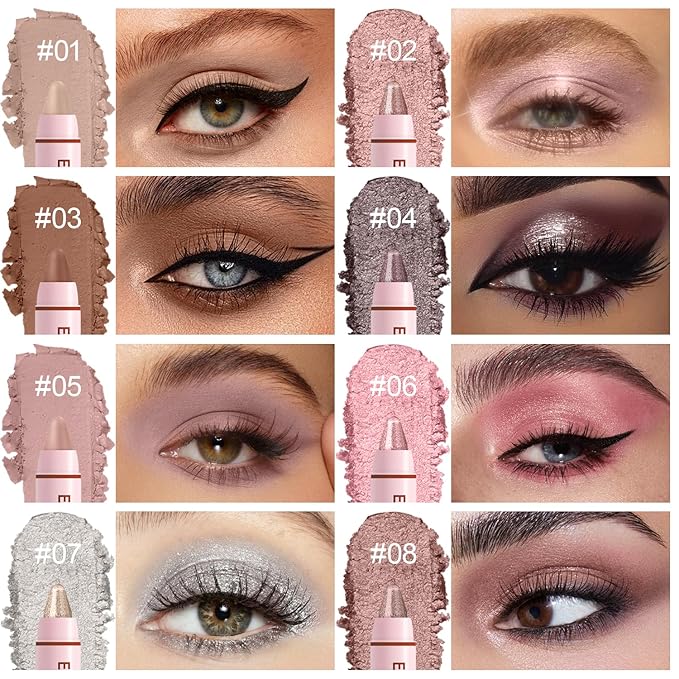 8Pcs Eyeshadow Stick, Eye Brightener Stick Built-in Blender Brush, Shimmer Creamy Eye Shadow Makeup, Waterproof Long Lasting Glitter Highlighter Eye Liner Pencil (8PCS A)