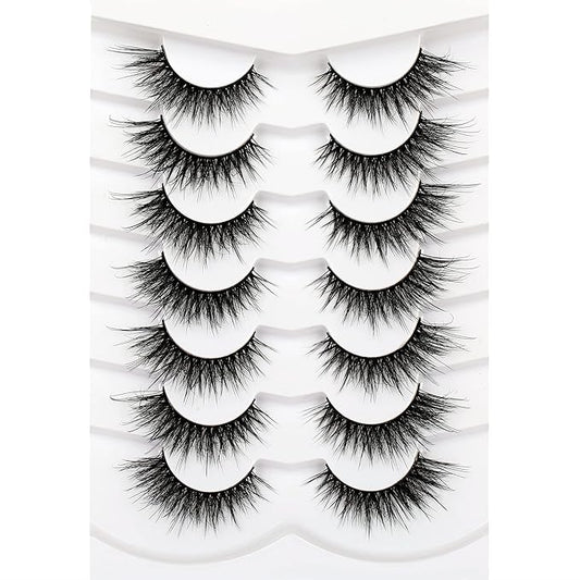 Pooplunch False Eyelashes Natural Fluttery Lashes Wispy 8D Volume Cat Eye Crossed Fake Eyelashes Faux Mink Lashes Strips 7 Pairs Pack