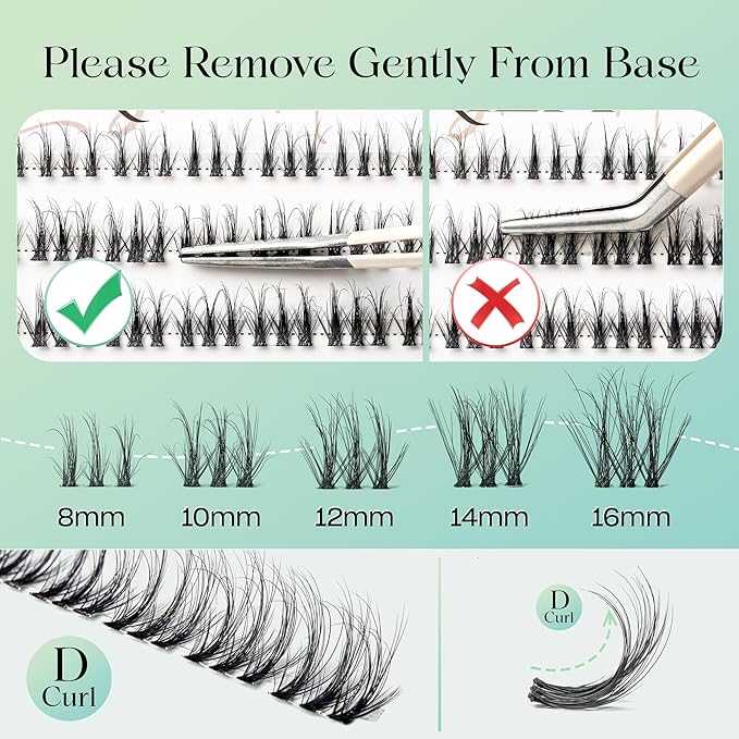 VYRILA Lash Clusters 0.05mm Individual Lashes, 3D Wispy Lashes Clusters, 0.1mm Super Thin Band Resuable Natural Lashes,D Curl Faux Mink Lashes,108pcs Lash Extension (Green Soul-D-0.05-8-16mix)