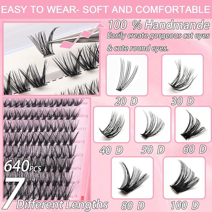 Manga Lash Clusters, 640 Pcs Eyelashes Clusters Extensions 9-16mm Individual Lashes D Curl Fluffy Wispy False Eyelashes Thin Band (60D&80D)