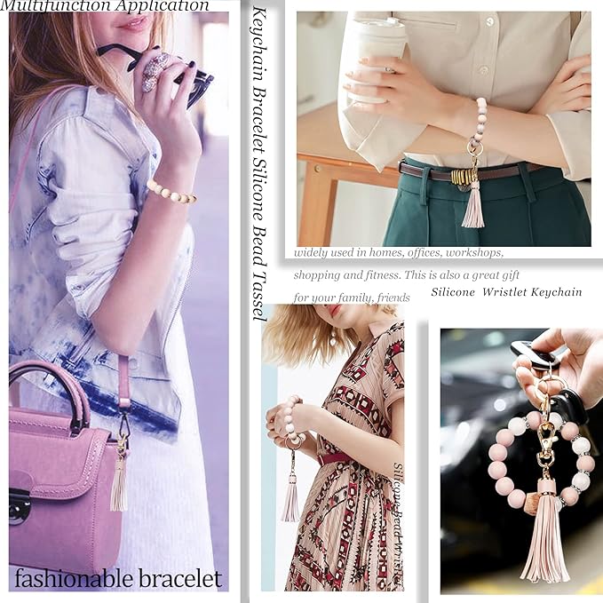 BIHRTC Key Ring Bracelet Car Keychain Holder Wristlet Silicone Women Beaded Bangle Chains