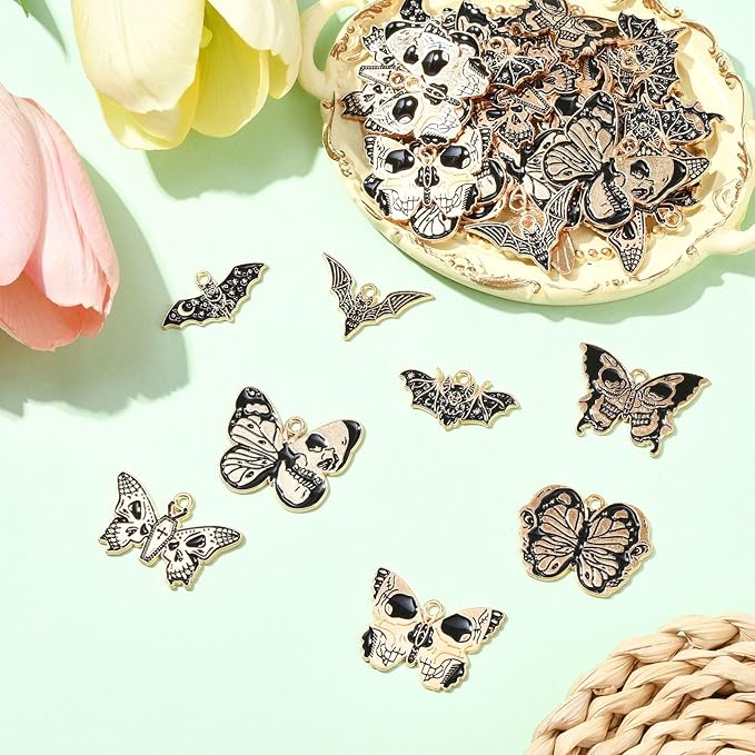 Stiesy 40 Pcs 8 Styles Gothic Style Black Enamel Butterfly Charms Animal Bat with Skull Pendant Metal Charm for Jewelry Making Crafts DIY Bracelets Necklace Earring