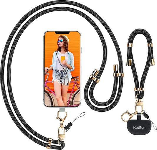 Kaptron 2Pcs Cell Phone Lanyard: Universal Adjustable Crossbody Phone Strap and Wrist Strap, with 2 Lobster Clips and 2 Tether Patches, Compatible with Most iPhone and Android Smartphones (Black/Gold)