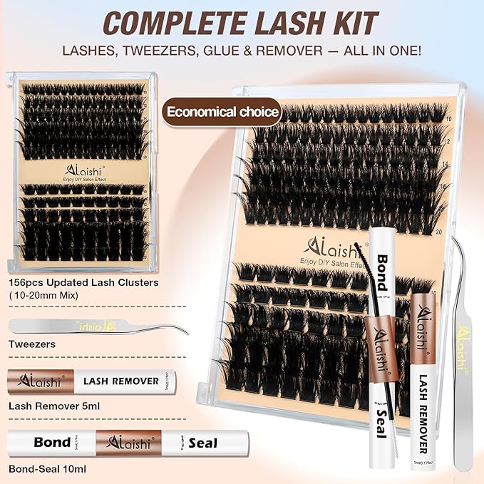 AILAISHI Lash Clusters Kit, DIY Cluster Eyelash Extensions 10‑20mm, 100D+200D, 156pcs Fluffy D Curl Natural Lashes with Bond & Seal,Remover,Tweezers – Fake Cat Eye Individual Clusters