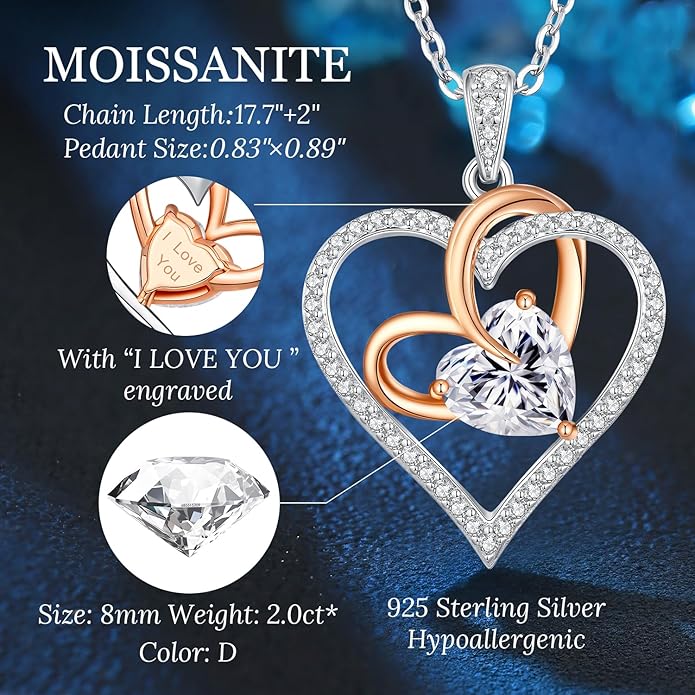 OOBEE Birthstone Necklaces for Women, 925 Sterling Silver Gemstone Fine Love Heart Moissanite Necklace, Ideal Birthday Anniversary Mothers Day Jewelry Gifts for Wife Mom Girlfriend Her