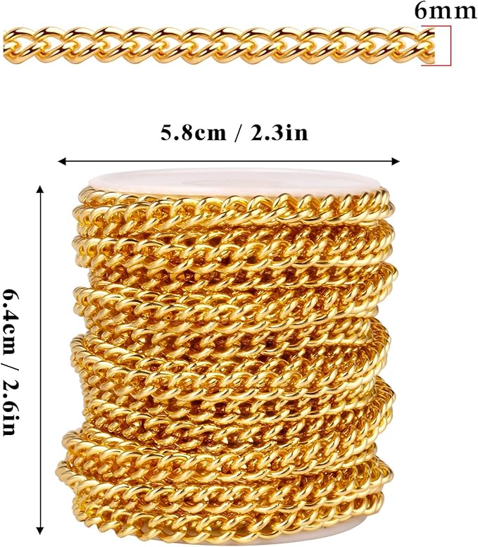 33FT 18K Gold Plated Stainless Steel Curb Chain Roll, 6mm 304 Stainless Steel Flat Twisted Links Curb Chains Bulk for Jewelry Making Necklace DIY Craft