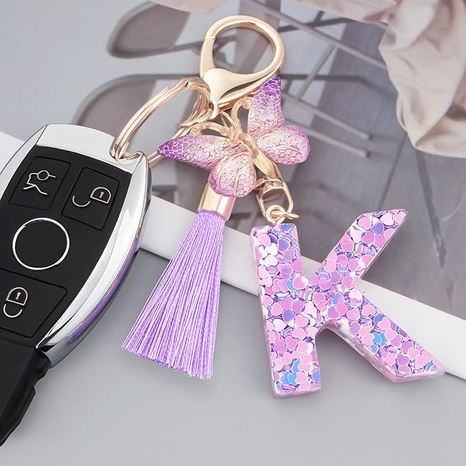 Initial letter Keychains for Women Girls Tassel Butterfly Cute Keychain for Wallet Backpack charm
