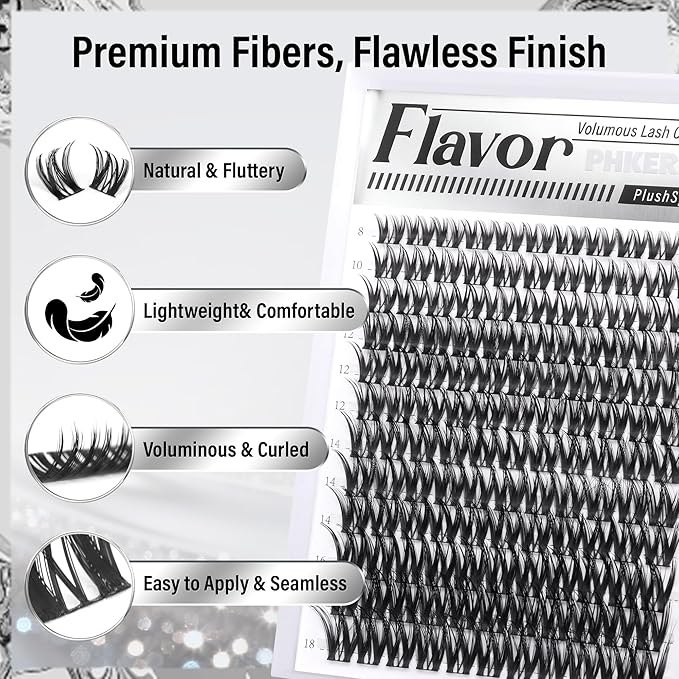 PHKERATA Flora Lash Clusters Wispy Eyelash Clusters 8-18mm Natural Cluster Eyelash Extensions Soft Volume Individual Lashes DIY Feather-Light D Curly Cluster Lashes Extension with Ultra-Thin Band