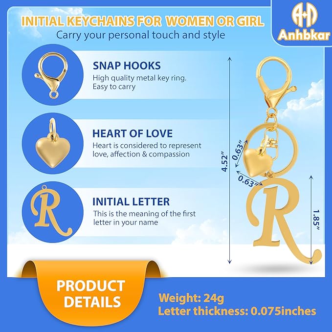 A-Z Heart Initial Letter Keychain, Stainless Steel Alphabet Charm for Handbags, Gift for Women and Girls