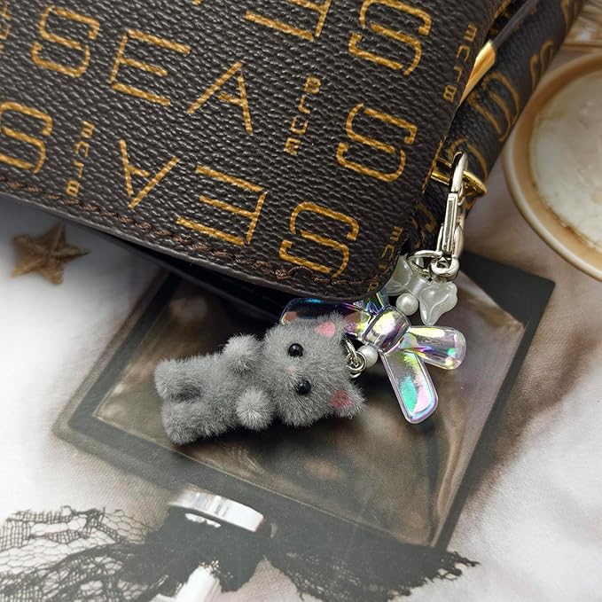 Cute Cat Keychain, Y2K Heart Bow Pendant, Kawaii Cat Bag Charm