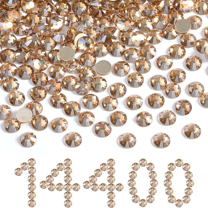 Beadsland Flatback Rhinestones Bulk,14400pcs Gold Rhinestones for Nails Crafts Clothes DIY Decoration, Golden Shadow, SS12,3.0-3.2mm