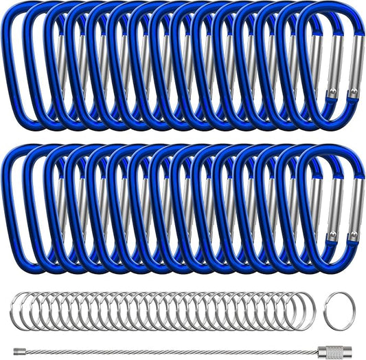 30PCS Aluminum Carabiner Clips, 2" D Shape Spring Snap Hooks Carabiner with 30PCS Keyring Keychain Hook
