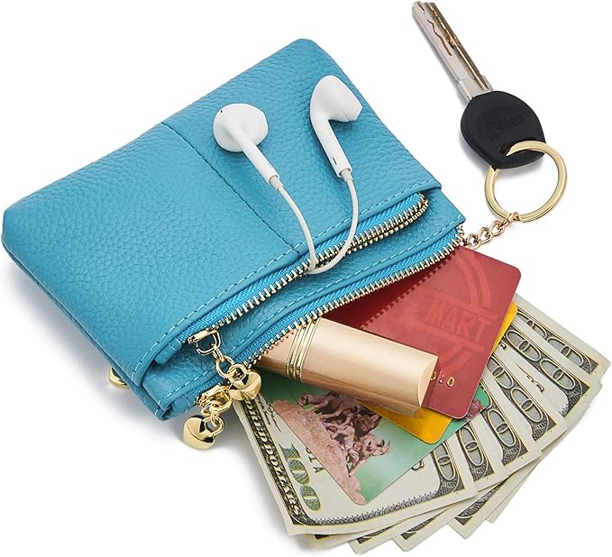 ZOOEASS Women Genuine Leather Zip Mini Coin Purse With Key Ring Triple Zipper Card Holder Wallet