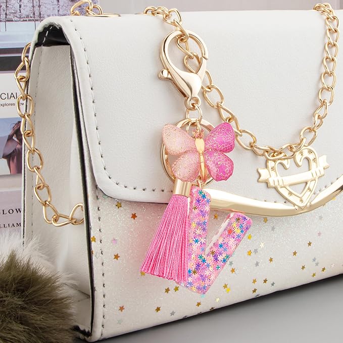Suweibuke Cute Pink Key Chains for Women Girls, Initial Letter Keychains with Tassel, Charms for Key Purse Handbags Backpacks