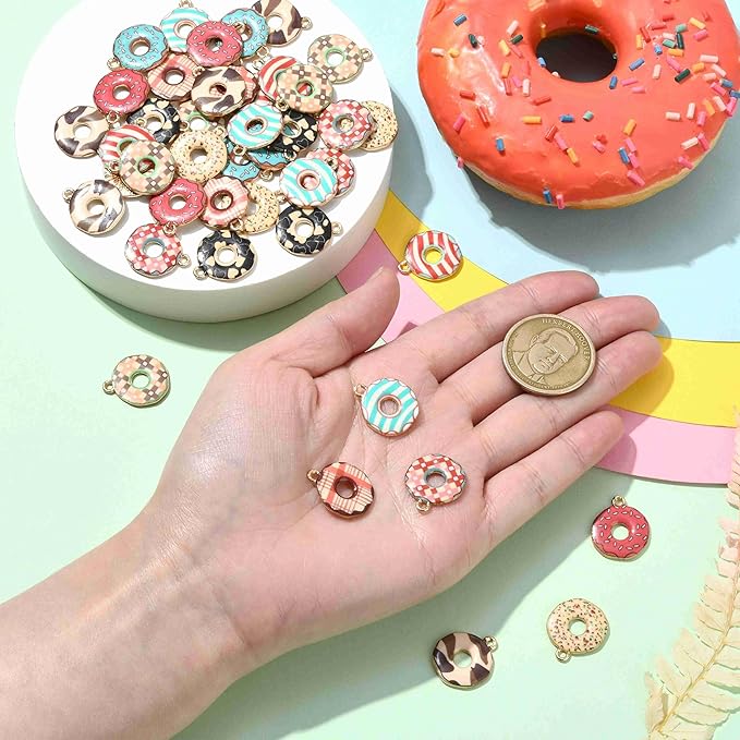 Stiesy 50 Pcs 10 Colors Dessert Donut Charms Pendants Cute Enamel Doughnut Food Alloy Metal Charms Bulk for Jewelry Crafts Necklace Bracelets Earring Making DIY Presents