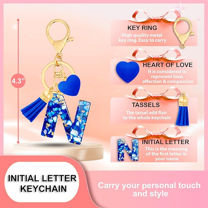 Initial Keychains for Women with Cute Heart Resin - Alphabet Letter Keychain for Bag, Backpacks, Purse or Car key