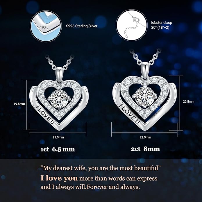 Moissanite Heart Necklaces for Women, Engraved 'I LOVE YOU' Gift for Women Girlfriend, Diamond Necklace for Women, 1-3 Carat Moissanite Necklace, Anniversary Valentines Birthday Gifts Present for Wife Women, Mom